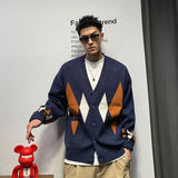 Wiaofellas  -  Large Men's Diamond Patterned Collarless Sweater Jacket Men's Spring and Autumn Retro Lazy High-end Knitted Cardigan