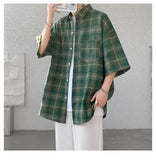 WIAOFELLAS  -  Trendy Vintage Men's Plaid Short Sleeved Casual Trousers Fashion Summer Single-breasted Turn-down Collar Shirts Male