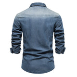 Wiaofellas  -  Denim Shirts Men Cotton Striped Stretch Long Sleeve Black Cargo Jean Shirt Quality Blouses Casual Slim Cowboy Shirts For Men