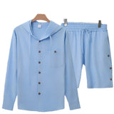 Wiaofellas  -  Men Linen 2 Piece Outfit Hooded Long Sleeve Shirt Button Elastic Waist Shorts Summer Beach Vacation Casual Matching Suit Set