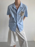 Wiaofellas  -  Men's White Short Sleeve Shirt Coconut Tree Embroidery Casual Summer Top