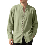 Wiaofellas  -  Spring and Autumn New Style Shirt Long Sleeve Men's Casual Retro Lapel French Henry Collar Single Breasted T-shirt