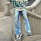 Wiaofellas  -  Kanye West Hole Ripped Straight Baggy Men Flare Jeans Pants Patchwork Distressed Washed Vintage Loose Punk Denim Trousers