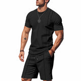 Wiaofellas  -  Men's Waffle Knit 2 Piece Outfits Casual Short Sleeve T Shirt and Shorts Set