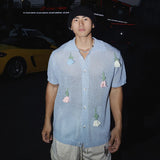 WIAOFELLAS  -  Niche Design Men's Shirts Three-dimensional Flowers Lapel Hollow Out Loose Short Sleeved Male Tops Single Breasted