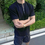 WIAOFELLAS  -  T Shirts for Men Summer New High-end Advanced Casual Simple Breathable and Versatile Half-zipper Waffle Short-sleeved T-shirt