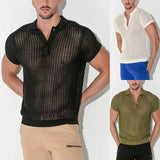 Wiaofellas  -  Spring Summer Mens Sexy Tops See Through Hollow Out Knitted Mesh Shirt Fashion Loose Breathable Knit Polo Shirts Men Streetwear