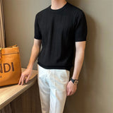 WIAOFELLAS  -  Men's Solid Color Knitted Hollow Short-Sleeved T-Shirt Fashionable Retro Casual Trend Loose Daily Breathable Summer Men's Tops
