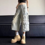 WIAOFELLAS  -  Men's Jeans Multi-pocket Solid Color Cowboy High Street Denim Shorts Summer Loose Straight Leg Male Trousers New