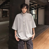WIAOFELLAS  -  Fashion Men's Solid Color Button American Style T-shirt Trendy Stand Colar Short Sleeves Casual Top Male 2025 Summer