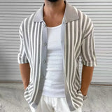 WIAOFELLAS  -  Summer Elegant Striped Men's Knitted Polo Shirts Short Sleeve Turn-down Collar Button Cardigan Top Men's Casual Knitted Shirt