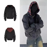 Wiaofellas  -  American Vintage Plaid Zipper Hooded Sweatshirts Men's Y2K Streetwear Patchwork Tracksuit Female Harajuku Fashion Hoodies Coats