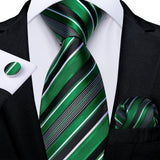 Wiaofellas  -  New Formal Ties Classic 100% Silk Green Striped Necktie Handkerchief Cufflinks Gift For Men Wedding Tie Cravate Gravatas