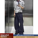 WIAOFELLAS  -  American Stripe Folded Casual Pants Men's High Waist Design Wide Leg Slimming Pants High Street Drape Long Pants Autumn