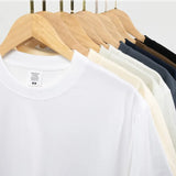 WIAOFELLAS  -  Solid Cotton Men's T-shirts Short-sleeved Round Neck Black Beige T-Shirt Classic Heavyweight Oversized Tees Tops