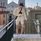 WIAOFELLAS  -  Trendy Men's Pockets Lapel Loose Solid Color Shirts Fashion Summer Drawing Elastic Waist Straight Shorts Male