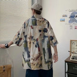 Wiaofellas  -  Retro Oil Painting Printed Short-sleeved Shirt Men's Trendy Street Loose Lazy Style Top