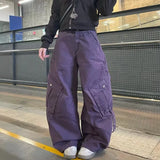 Wiaofellas  -  Unisex Vintage Purple Cargo Pants Multi Pockets Metal Rivet Loose Curved Wide Leg Baggy Trousers Y2K Streetwear Casual Denim