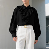 WIAOFELLAS  -  Men Shirt Solid Color Ruffle Lapel Long Sleeve Casual Men Clothing Loose Elegant Streetwear Fashion Male Shirts