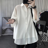 Wiaofellas  -  Told Tale Oversized Men's Shirts Black/White Harajuku Men Seven Sleeves Casual Shirt Tops Summer Daily Streetwear Man Blouse