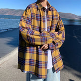 Wiaofellas  -  Korean Fashion Plaid Long Sleeve Shirts For Men Autumn High Street Y2K Vintage Blouses Casual Baggy Button Up Tees Shirt