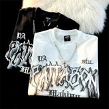 WIAOFELLAS  -  American Fashion Gothic Letter Necklace Short-sleeved T-shirt Men's Summer Loose Street Style Half-sleeved Oversize Top Urban