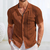 Wiaofellas  -  Vacation Seaside Beach Casual Shirts Mens Knitting Short Sleeve Button Lapel Knit Shirt Men Summer Fashion Knitted Texture Shirt