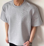 WIAOFELLAS  -  Male Embroidery Solid Color Handsome T-Shirts Men's 2025 Summer New Fashion High Street Round Neck Tops Half Sleeve Cotton Tees