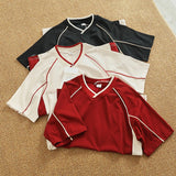 WIAOFELLAS  -  Athleisure style V-neck short-sleeved T-shirt male couple pure cotton color splicing summer fashion half sleeve base T