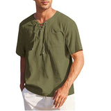 WIAOFELLAS  -  New Men's Short Sleeved Shirt Fashion Casual Lace Up Square Neck Solid Color Short Sleeved Shirt