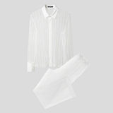Wiaofellas  -  Men's Sets Mesh Patchwork Striped See Through Long Sleeve Shirt Pants Two Piece Sets Sexy Fashion Men Matching Sets