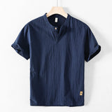 Wiaofellas  -  Summer New Men's Short Sleeve Shirt Small Stand Collar Retro Casual Loose Half Sleeve Shirt Trendy Polyester Fiber Iron Free