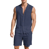 Wiaofellas  -  Men's Linen Sleeveless Shirt and Shorts Set Casual Two Piece Outfit