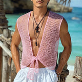 WIAOFELLAS  -  Summer Men Tank Tops Mesh Hollow Out Sleeveless V Neck Lace Up Male Vests 2025 See Through Vacation Cardigan Men S-5XL