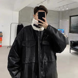 WIAOFELLAS  -  Black Leather Jacket Men Winter Vintage Stand Collar Lamb Wool Cotton Coat Male Korean Loose Zipper Pocket Thick Outerwear