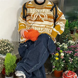 WIAOFELLAS  -  Men's Knitted Sweaters Retro Contrast Striped Round Neck Sweater Women Autumn Winter Long Sleeves Letter Pullover Tops