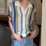 Wiaofellas  -  Leisure Breathable Hollow Out Shirt for Men Summer Beach Casual Short Sleeve Knitted Shirts Mens Fashion Striped Knitting Tops