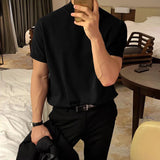 Wiaofellas  -  Men Luxury Mock Neck Short Sleeve T-shirts Summer Casual Solid Color Slim Fit Knitwear Korean Fashion Half Turtleneck Tops