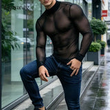 Wiaofellas  -  Streetwear Vintage Transparent Mesh High Neck Pullover Mens Autumn Warm Long Sleeve Slim T-Shirt Male Daily Outdoor Tops