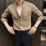 WIAOFELLAS  -  Spring Autumn Stretchable Men Shitrs Stand Collar Single-breasted Long Sleeve Men's Striped Shirt Fashion Handsome Streetwear