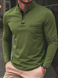 Wiaofellas  -  Men Stand Collar Henry Long Sleeve Polo Shirt Soft Fabric Pocket Casual Spring Daily Tops