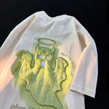 Wiaofellas  -  Retro American Towel Embroidery Heavyweight Pure Cotton Loose Fit f Sve T-irt for Men Summer Faion Casual Tee