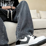 WIAOFELLAS  -  Neutral Simple Solid Long Jeans Men Korean Style Fashion High Street Loose Casual Jean Pants Male Daliy All-match Trousers