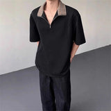 WIAOFELLAS  -  Fashion Men's Zipper Spliced Contrast Color Loose T-shirts Trendy Lapel Short Sleeves Casual Tops Male 2025 Summer 2A0921