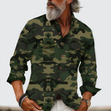 Wiaofellas  -  Men's Printed Lapel Long Sleeve Loose Shirt Multi-Pocket Casual Men's Work Shirt