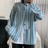 Wiaofellas   -  Oversized Men's Shirt Autumn New Striped Denim Shirt Korean Trend Handsome Loose Hole Long Sleeve Tops Vintage 2Y2321