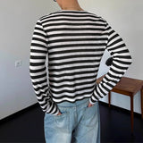 WIAOFELLAS  -  Men Striped T Shirt O-neck Long Sleeve Fashion Casual Men Clothing Streetwear Knitted Korean Style Tee Tops