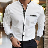 Wiaofellas  -  Men's Mandarin Collar Long Sleeve Shirt Slim Fit Casual Business Shirt With Striped Cuffs and Pocket Detail