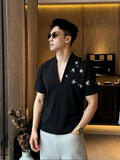 Wiaofellas  -  Summer Embroidered V-neck T-shirt for Men Cotton Short Sleeved Casual T-shirt Relaxed Beach Vacation T-shirts Men Clothing