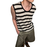 Wiaofellas  -  Loose Fit Striped Knitted Vest Sleeveless Beach Vacation Casual Top for Men And Women Summer Leisure Style Color Block Design